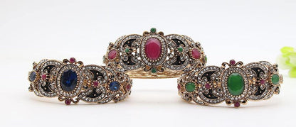 Pretty Classic Rhinestone Red Green Crystal Round Resin Bangle Antique Fashion Jewelry Cuff Bracelet - EonShoppee