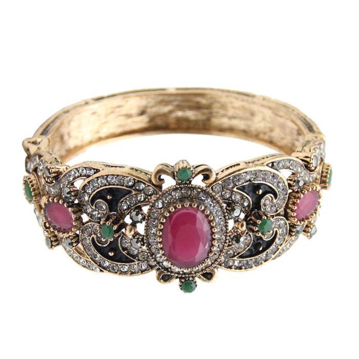 Antique Finish Ruby Crystal Openable Cuff Bangle Bracelet Traditional Fashion Jewelry
