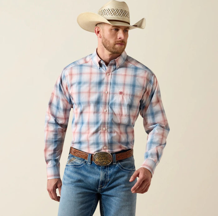 Men's Ariat long sleeve Pro Series shirt in White Plaid. Front view showing shirt tucked in on model.