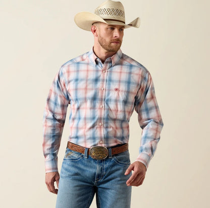 Men's Ariat long sleeve Pro Series shirt in White Plaid. Front view showing shirt tucked in on model.