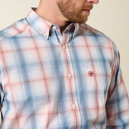 Men's Ariat long sleeve Pro Series shirt in White Plaid. Close up view of front showing button down collar and Ariat shield logo on left chest pocket.