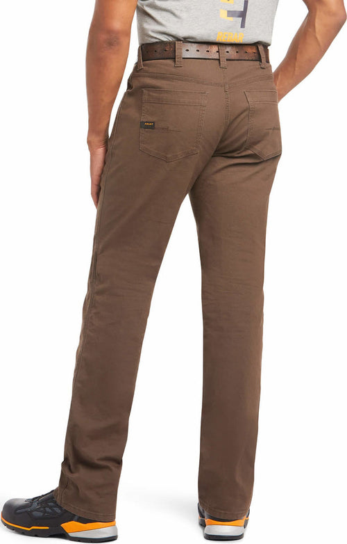 Men's Ariat wren brown Rebar pants with back pockets. Back view.