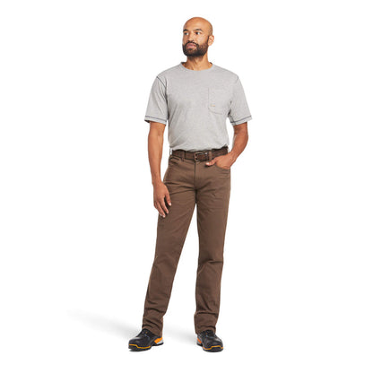 Men's Ariat wren Rebar pants with scoop front pockets and a right coin pocket that has an angled Ariat logo fabric strip for reinforcement.  Front  view.