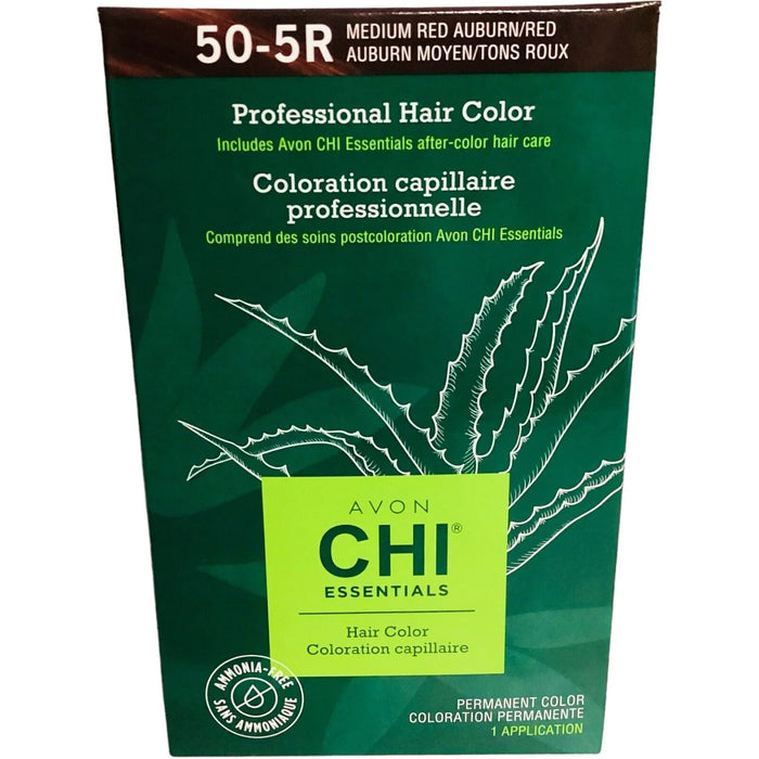 Box of Avon CHI Essentials hair color, 50-5R medium red auburn, with aloe graphic on green packaging