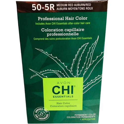 Box of Avon CHI Essentials hair color, 50-5R medium red auburn, with aloe graphic on green packaging