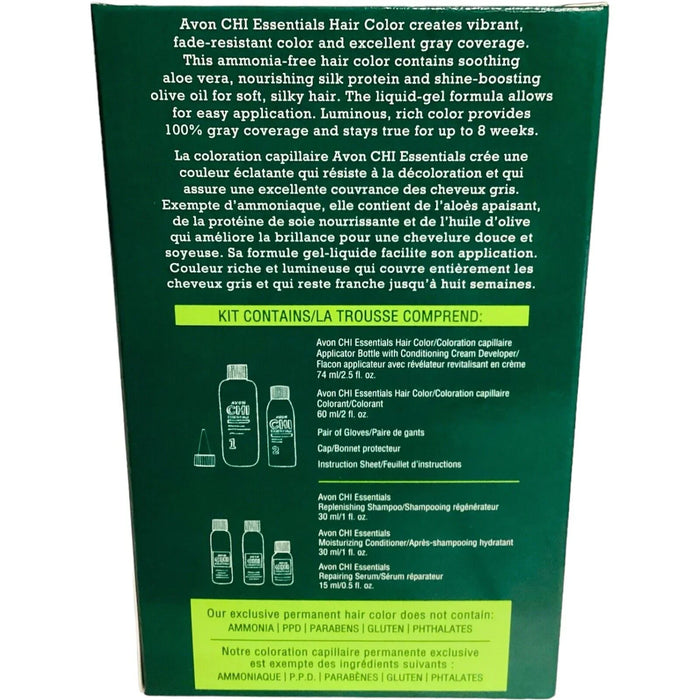 Back of Avon CHI Essentials Hair Color box in green, showing product details and kit contents.