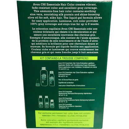 Back of Avon CHI Essentials Hair Color box in green, showing product details and kit contents.
