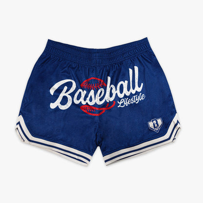 Front flat lay of BL101 royal blue Baseball Lifestyle mesh shorts featuring a vintage script graphic with red baseball stitching, white varsity stripe hem, and BL101 logo on a white background.