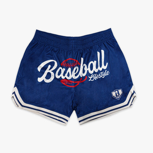 Front flat lay of BL101 royal blue Baseball Lifestyle mesh shorts featuring a vintage script graphic with red baseball stitching, white varsity stripe hem, and BL101 logo on a white background.