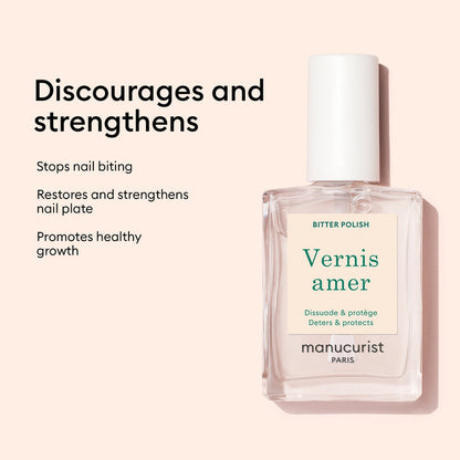 A bottle of Manucurist Bitter Polish is shown on a pale pink background with text: Discourages nail biting, helps stop the habit, restores and strengthens nails, and promotes healthy nail growth.