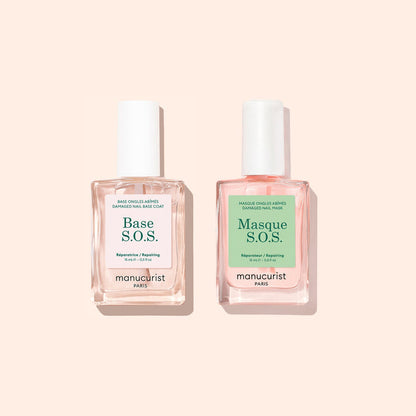 Two bottles from Manucurist’s Basic Routine - Damaged Nails set are placed side by side on a light beige background—an ideal duo designed for nail repair and strengthening brittle nails.