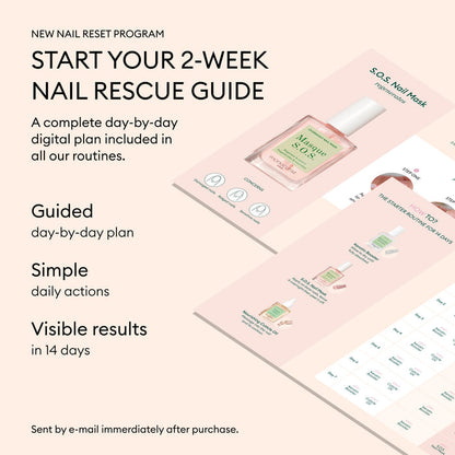 An image promoting a 2-week nail rescue guide, featuring Basic Routine - Sensitive Nails, highlights guided nail care steps and daily actions to moisturize nails for visible results in 14 days.
