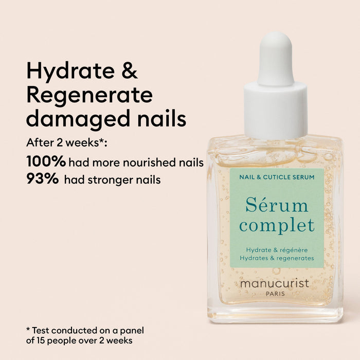 Two glass droppers with clear liquid, set against a soft pink background. The text highlights Manucurist Nail Hydrating Serum’s power to hydrate and regenerate damaged nails—a 2-week test showed stronger, more nourished nails with this effective treatment.