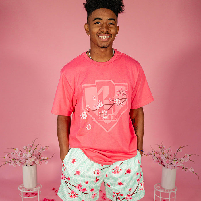Male model wearing a pink BL101 cherry blossom shield tee and mint green BL101 cherry blossom mesh shorts against a pink background, front view