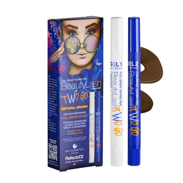 F003V Eyebrow Beauty Lash To Go | Beauty Lash Two Go Full Brow Treatment kit by Refectocil featuring a blue and purple retail box, two applicator pens (one white, one blue), and a brown brow tint swatch on a white background.