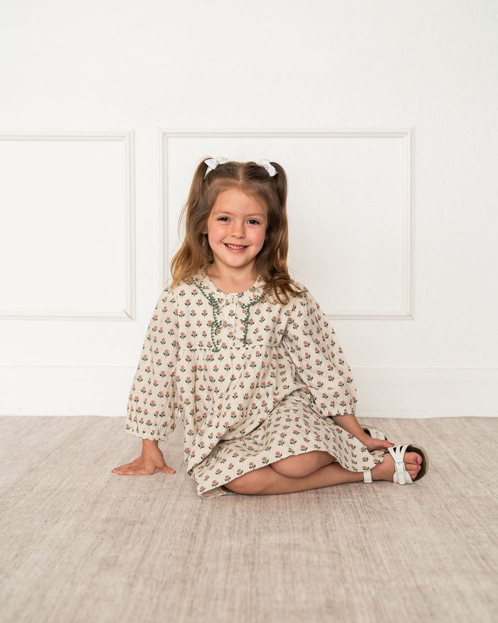 Viverano Bella Block Printed Floral Girl Dress (Organic Cotton) - Sitting View