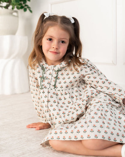 Viverano Bella Block Printed Floral Girl Dress (Organic Cotton) - Detail View