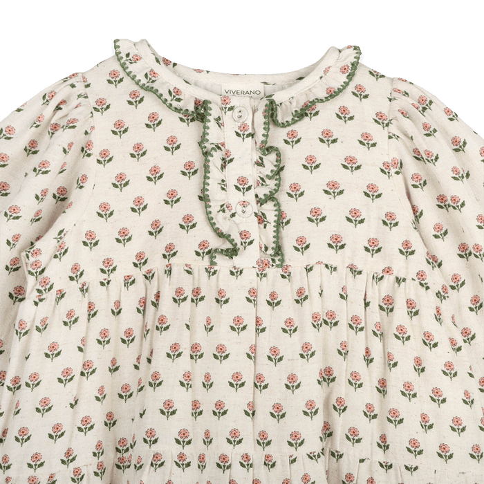 Viverano Bella Block Printed Floral Girl Dress (Organic Cotton) - Detail View