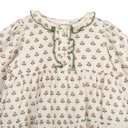 Viverano Bella Block Printed Floral Girl Dress (Organic Cotton) - Detail View