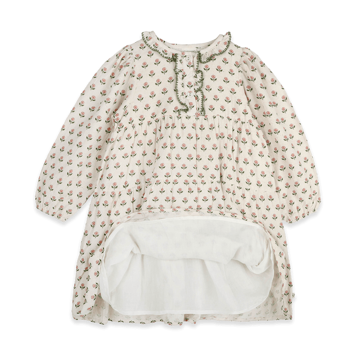 Viverano Bella Block Printed Floral Girl Dress (Organic Cotton) - Detail View