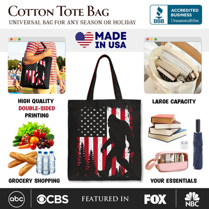 Bigfoot American Flag Canvas Tote Bag, Patriotic Sasquatch Gift Shopper Tote Bag OrnamentallyYou