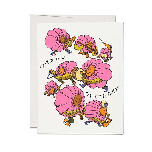 Birthday greeting card with pink flowers and bees, 'HAPPY BIRTHDAY' text
