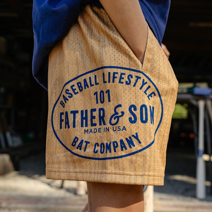 Detail side shot of Baseball Bat Co Youth Shorts with BL101 Father & Son logo