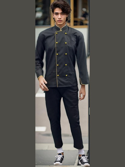 Black Chef Coat with Yellow Piping and Mushroom Buttons for Stylish Culinary Professionals - J R GARMENTS