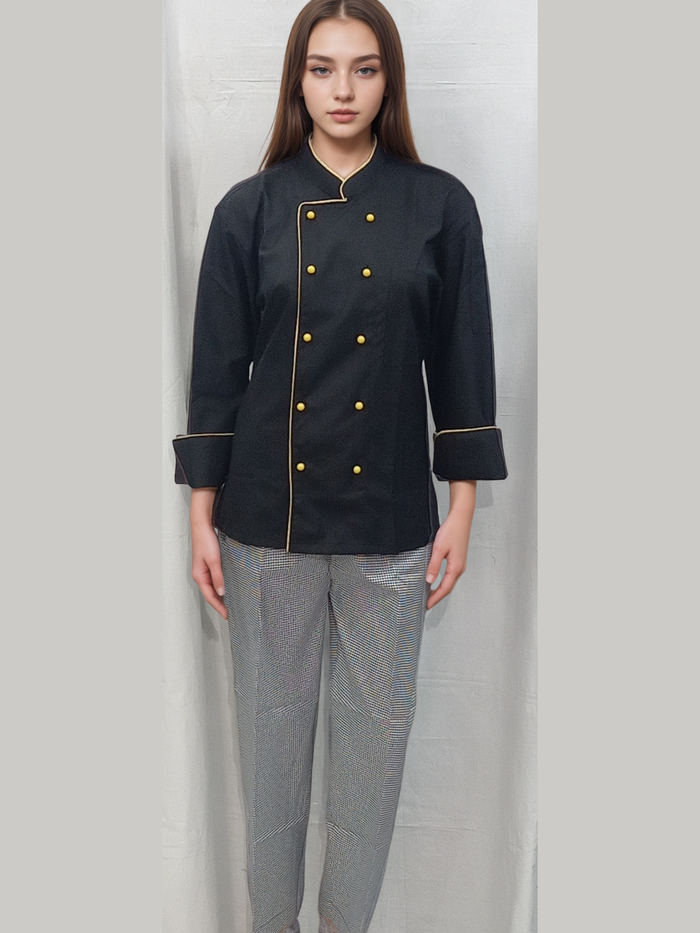 Black Chef Coat with Yellow Piping and Mushroom Buttons for Stylish Culinary Professionals - J R GARMENTS