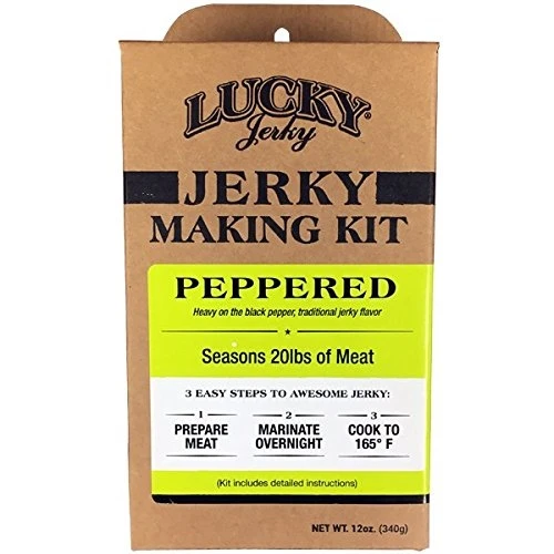 Three boxes of Lucky Star Jerky Making Kit with Peppered flavor. Each box is labeled as containing 12 oz of mix to season 20 lbs.
