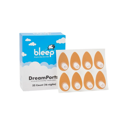 Photo of a sheet of Bleep DreamPort Adhesive Patches, next its packaging box