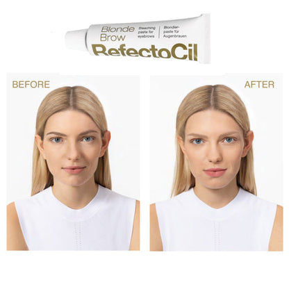 A tube of RefectoCil Blond Lash and Brow tint with image of woman before and after tinting on white background
