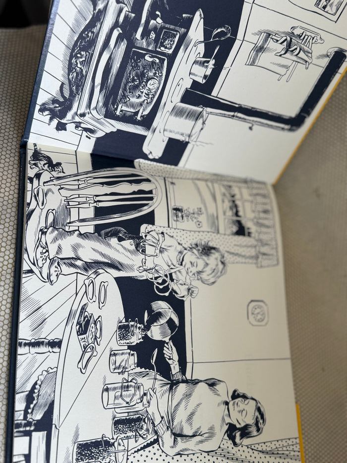 Illustrated pages of a book with black and white drawings on a textured surface.