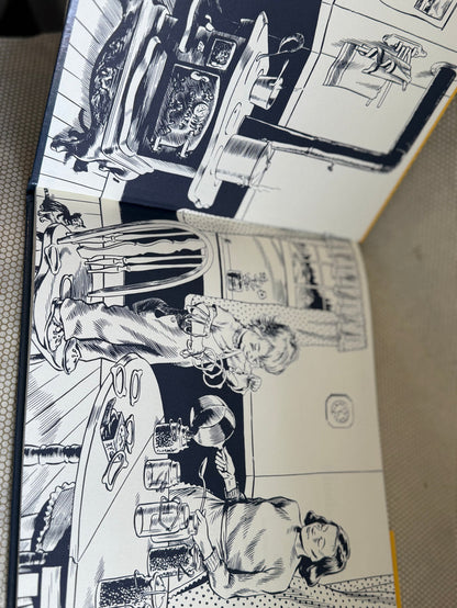 Illustrated pages of a book with black and white drawings on a textured surface.