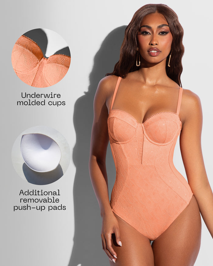 Cup and padding detail on Bombshell - Lace Papaya