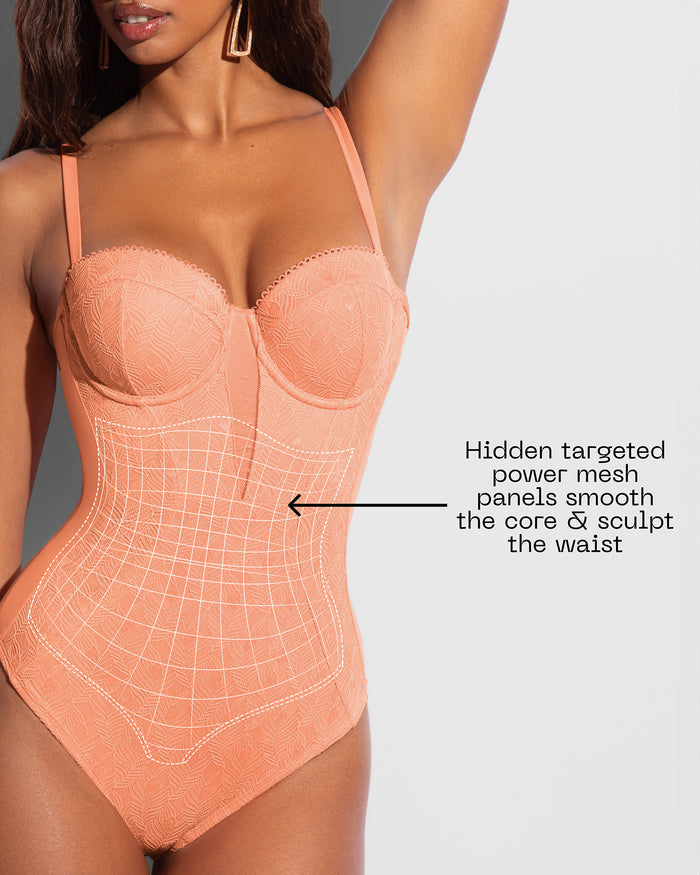 Graphic showing hidden power mesh panels on Bombshell - Lace Papaya