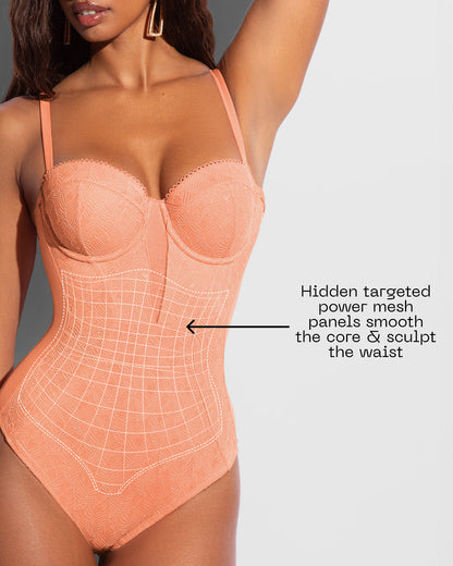Graphic showing hidden power mesh panels on Bombshell - Lace Papaya