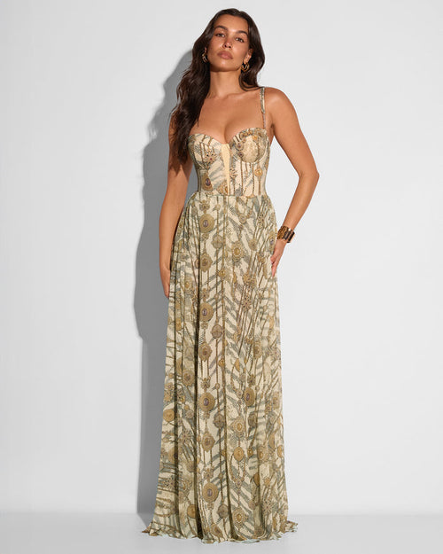 Model posing in Bombshell Maxi Dress - Tiger Chain front