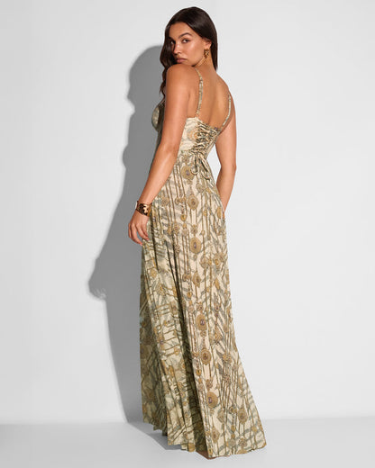 Three quarter back view of Bombshell Maxi Dress - Tiger Chain on model