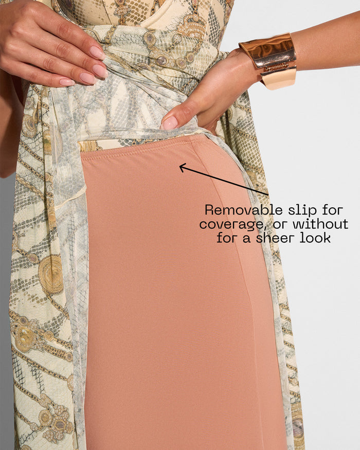 Detail graphic of Bombshell Maxi Dress - Tiger Chain highlighting the removable slip