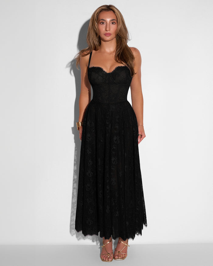 Model wearing Bombshell Midi Dress - Lace Black front view