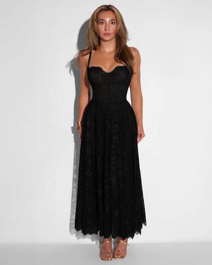 Model wearing Bombshell Midi Dress - Lace Black front view