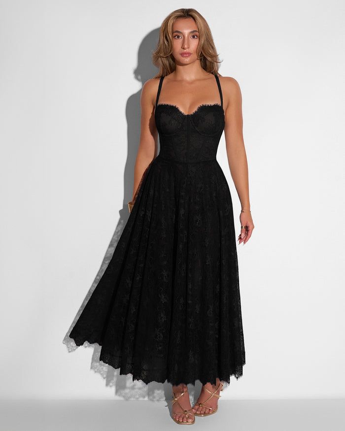 Model posing in Bombshell Midi Dress - Lace Black