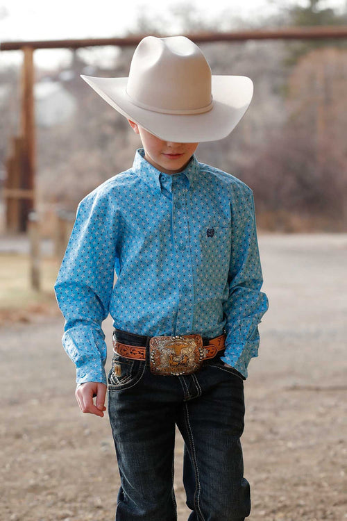 Boy's Cinch Light Blue Flower Print Button-Down Western Shirt