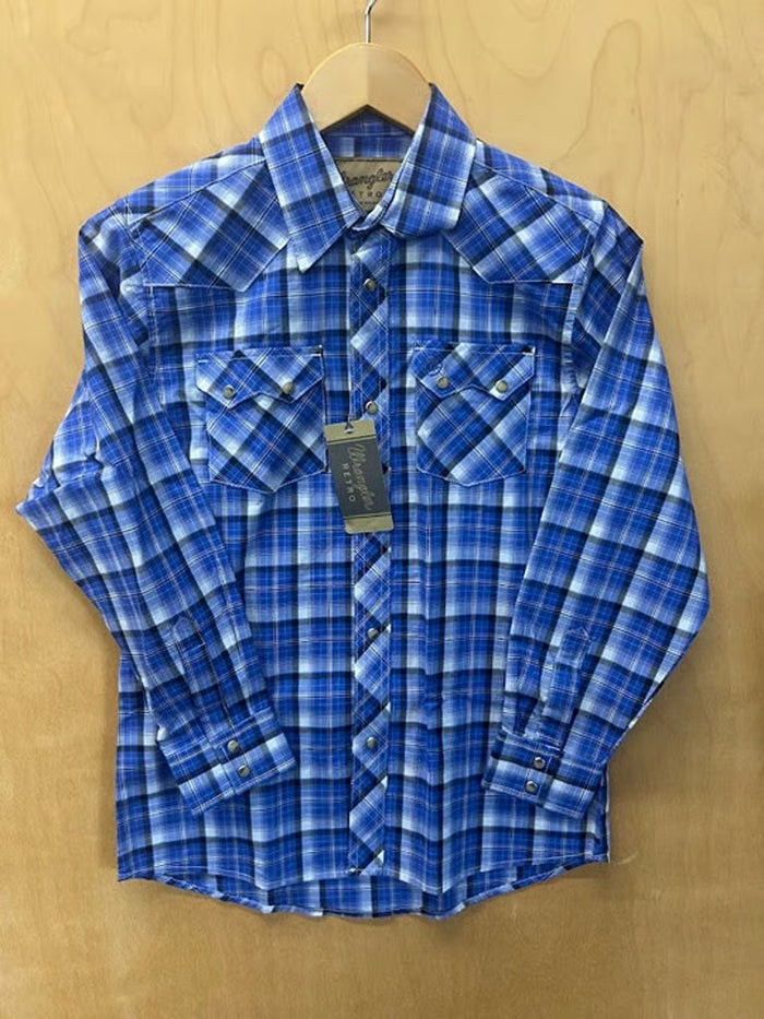 Boy's Wrangler Retro Blue Plaid Western Snap Long Sleeve Shirt