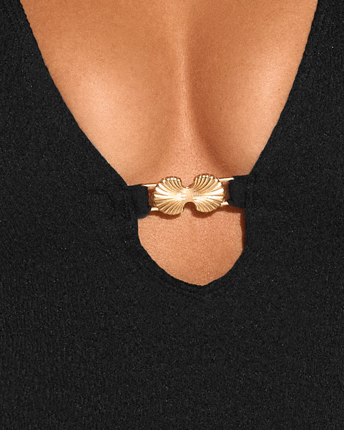Close up of gold seashell hardware on Brazilian Plungey Keyhole - Crinkle Contour Black/Tawny