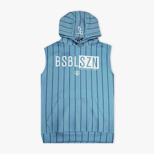 Blue striped sleeveless hoodie with 'BSBL SZN' text on a white background