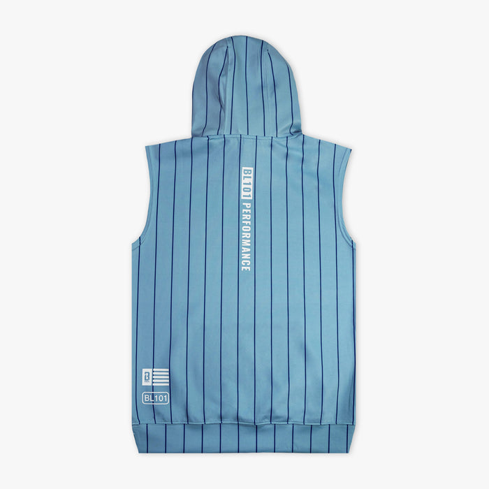 Blue striped sleeveless hooded jacket with branding on a white background