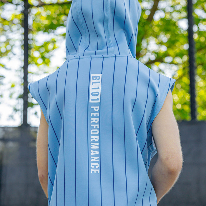 Back view of the youth light blue pinstripe BSBL-SZN Short Sleeve Hoodie V3 showing the vertical "BL101 Performance" graphic down the center