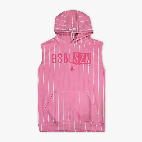 Pink sleeveless hoodie with white stripes and branding on a white background